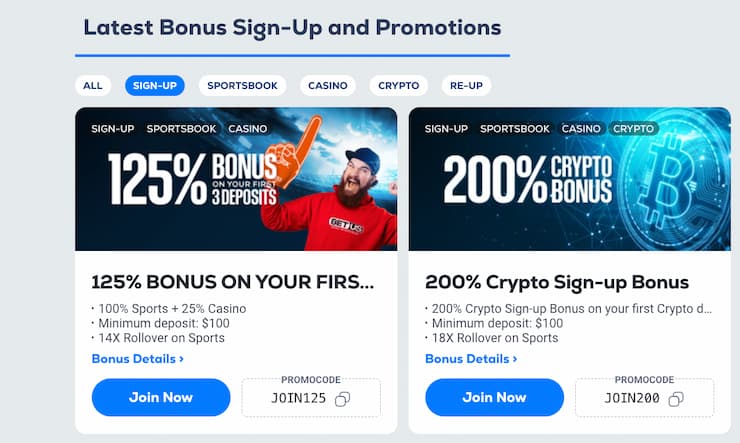 Featured promos on BetUS, a top online sports betting option in Nebraska.
